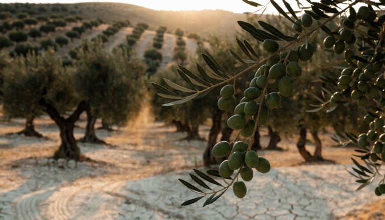 Rama de olivo cargada de aceitunas verdes en fase de engorde durante agosto en un olivar tradicional de Jaén