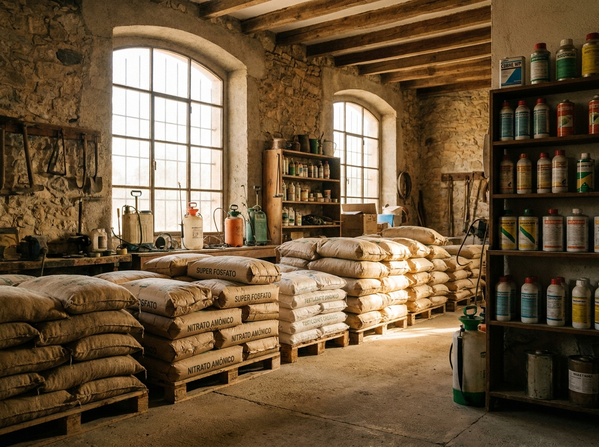 Sacos de abono y fertilizante para el olivar en el almacén de Agrotecno en Jaén