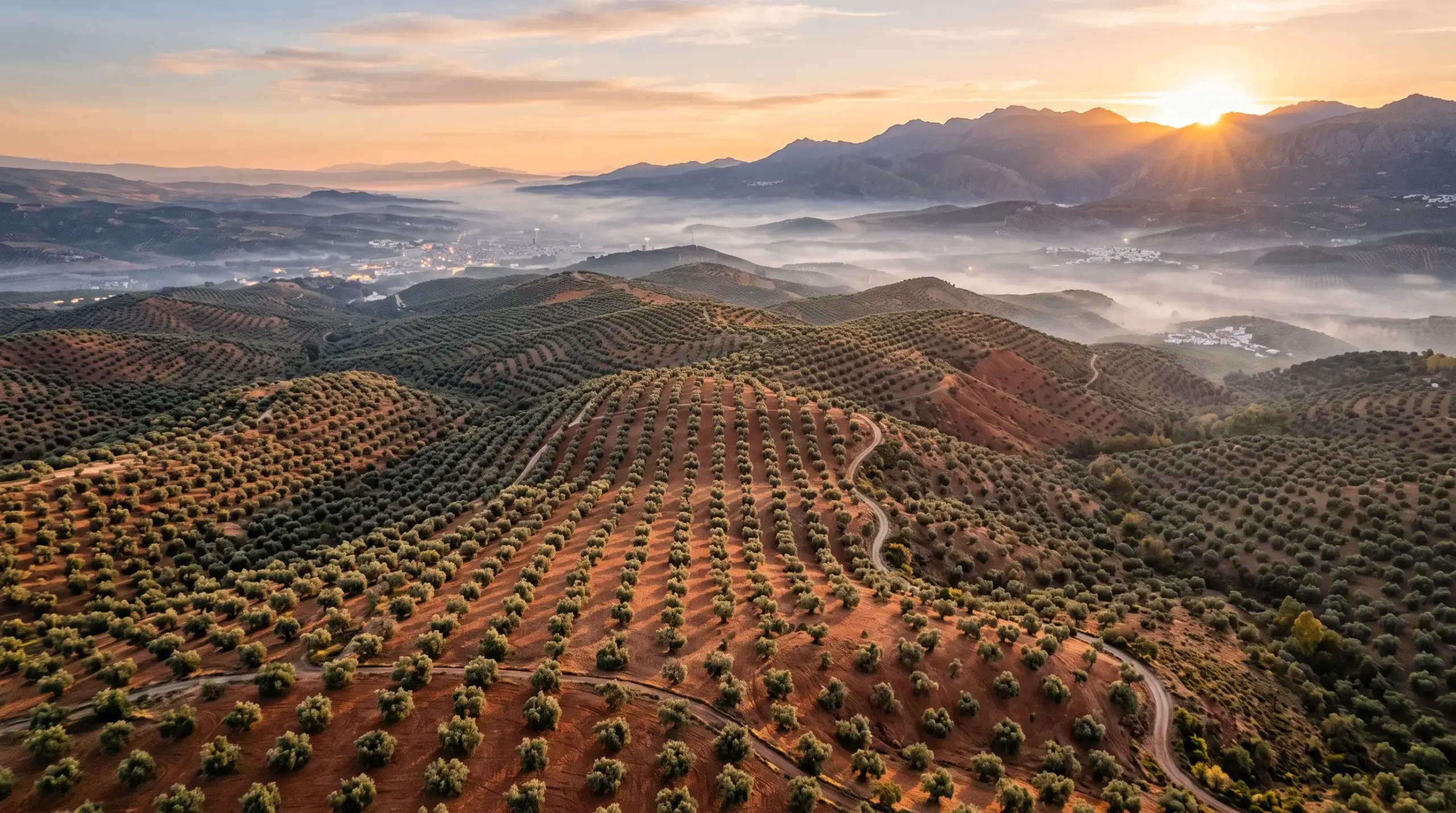 Vista aérea del mar de olivos de Jaén al amanecer, gestión integral del olivar por Agrotecno Ramos Salinas
