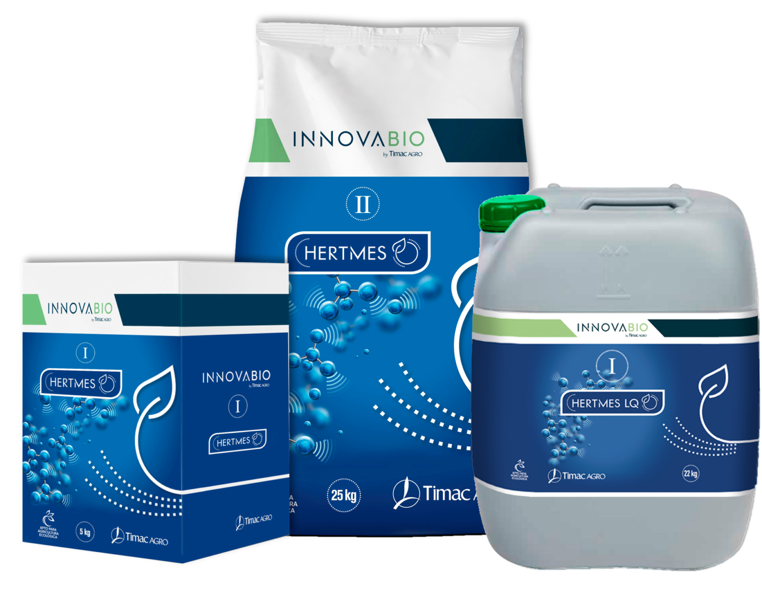 Gama Hertmes de Innovabio by Timac Agro en caja, saco y garrafa
