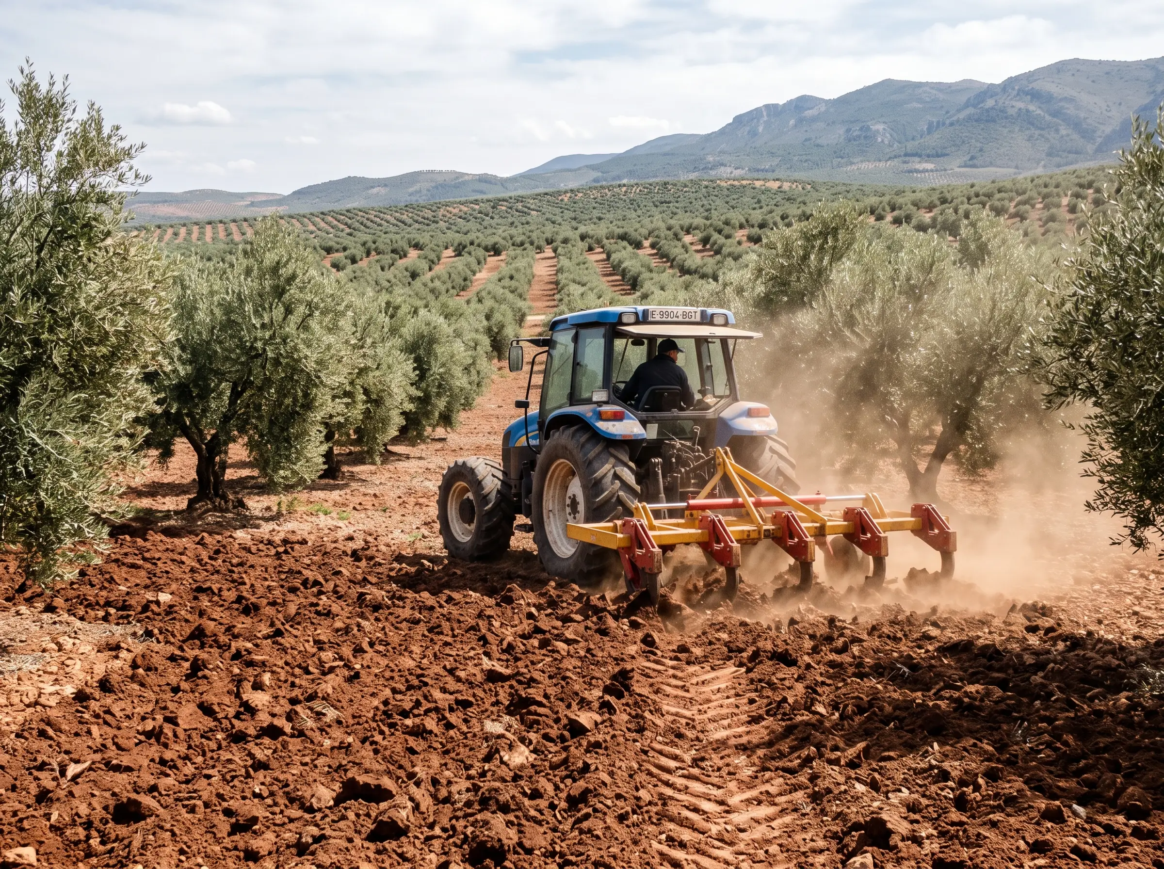 Tractor trabajando el suelo entre olivos en una finca de Jaén