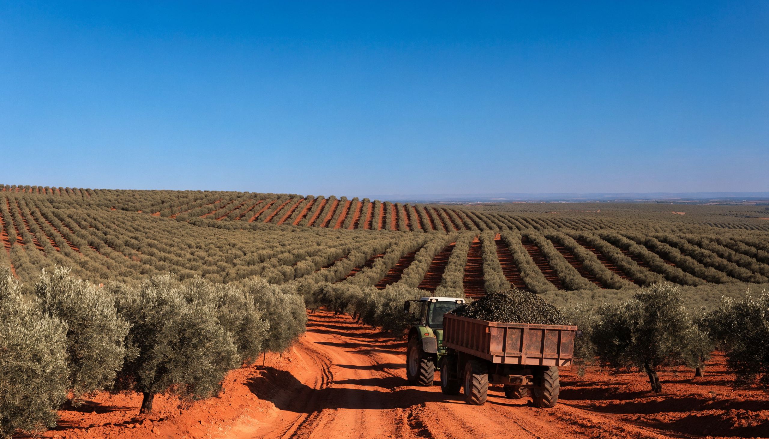 Tractor con remolque agrícola cargado de aceituna circulando por un olivar de Jaén