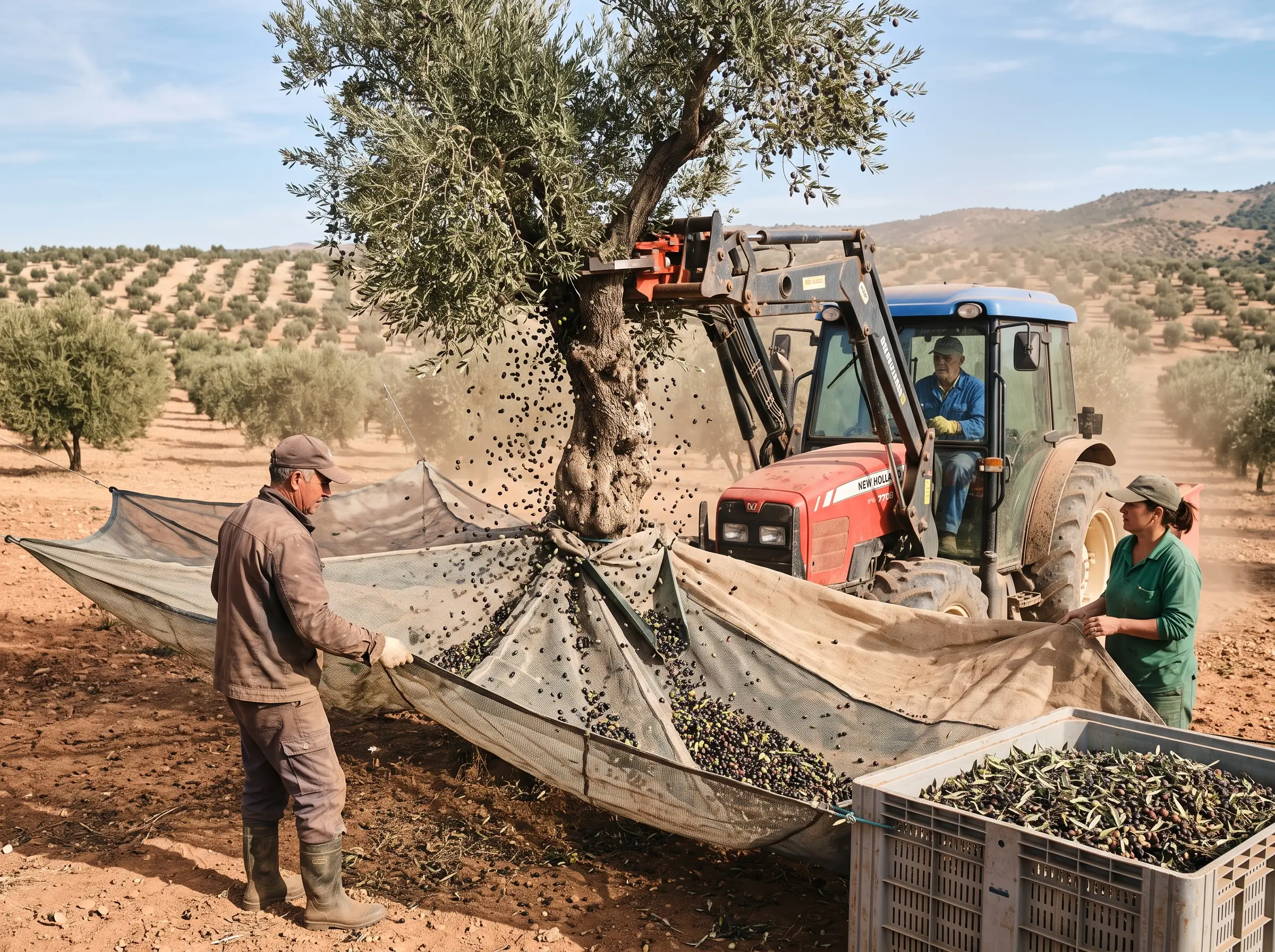 Recolección mecanizada de aceituna con vibrador de paraguas en un olivar de Jaén