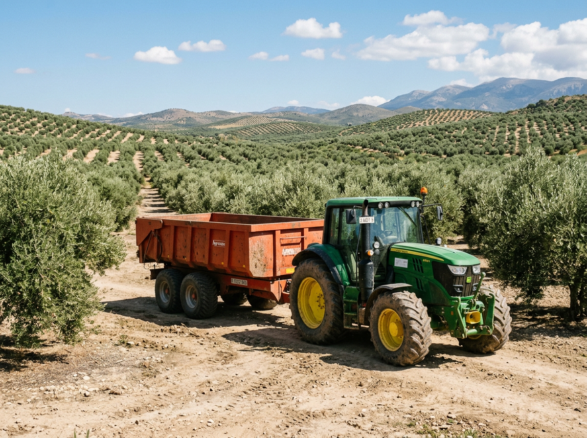 Remolque agrícola enganchado a un tractor durante la recolección en un olivar de Jaén