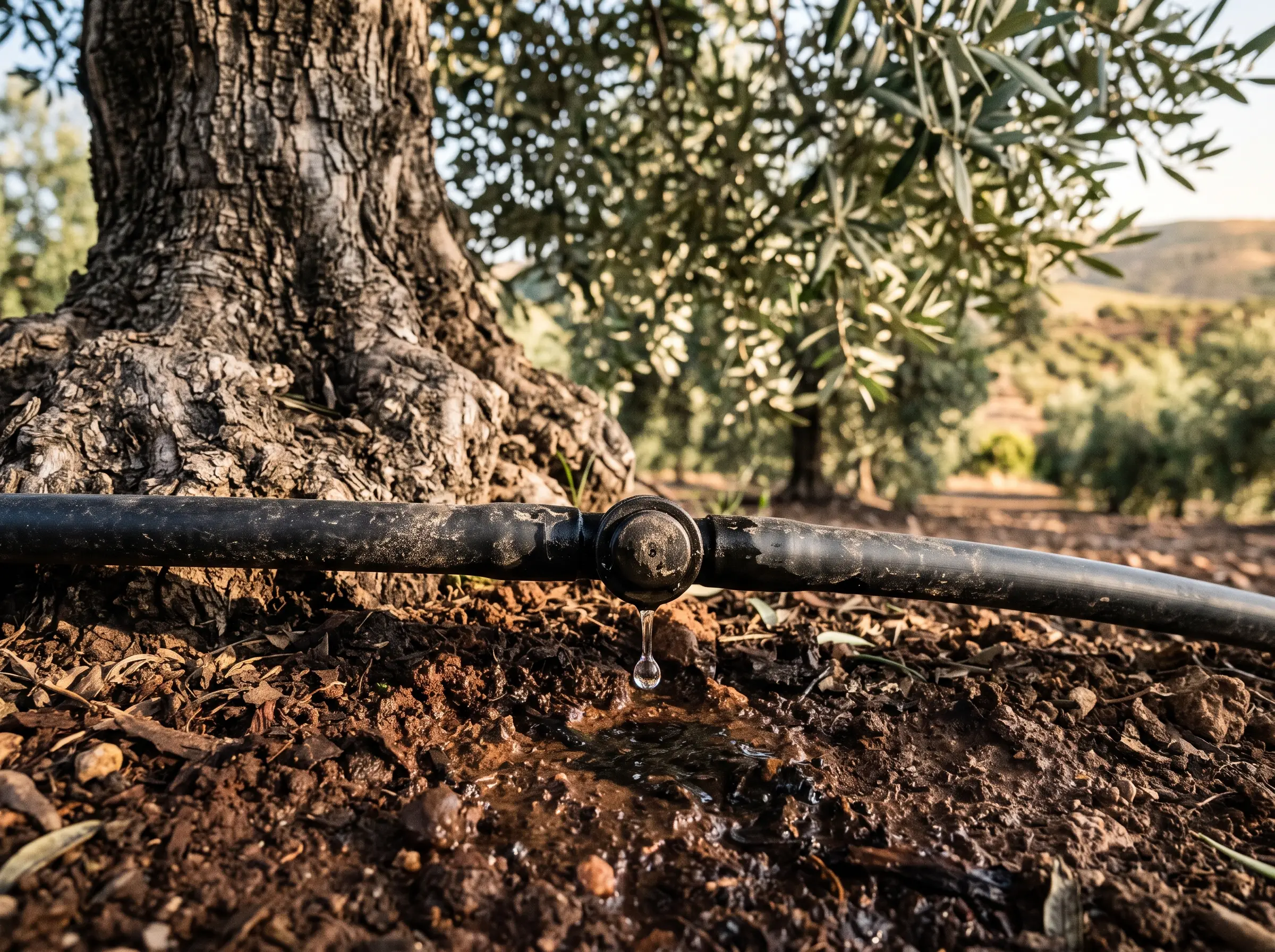 Riego por goteo y fertirrigación al pie de un olivo en Jaén