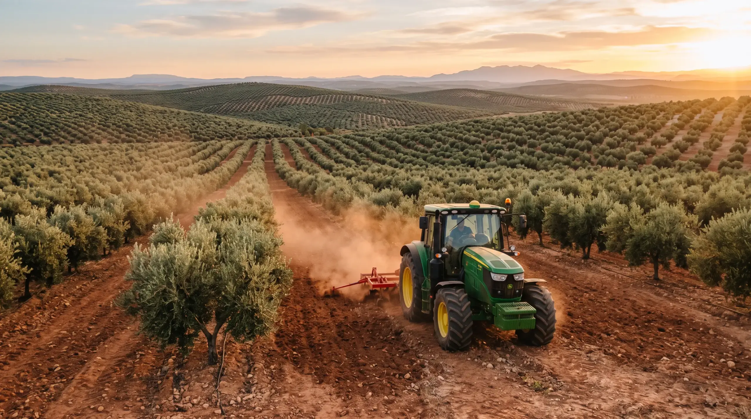 Tractor trabajando entre calles de olivos en Jaén al atardecer, servicios agrícolas de Agrotecno Ramos Salinas