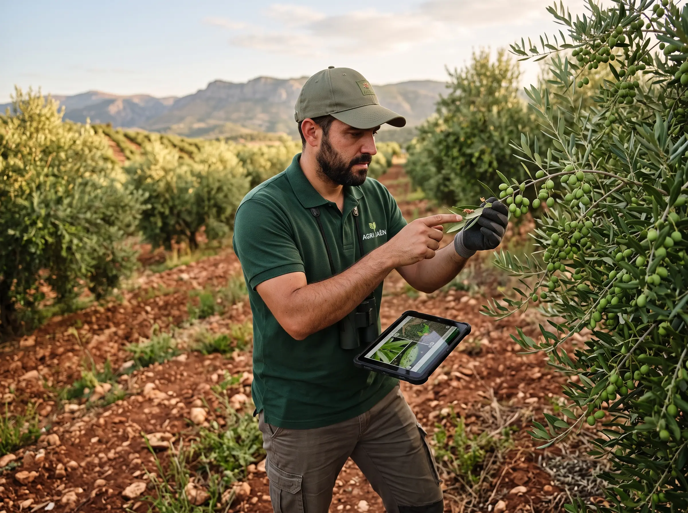 Técnico de Agrotecno revisando el estado de un olivo y su carga de aceituna en Jaén