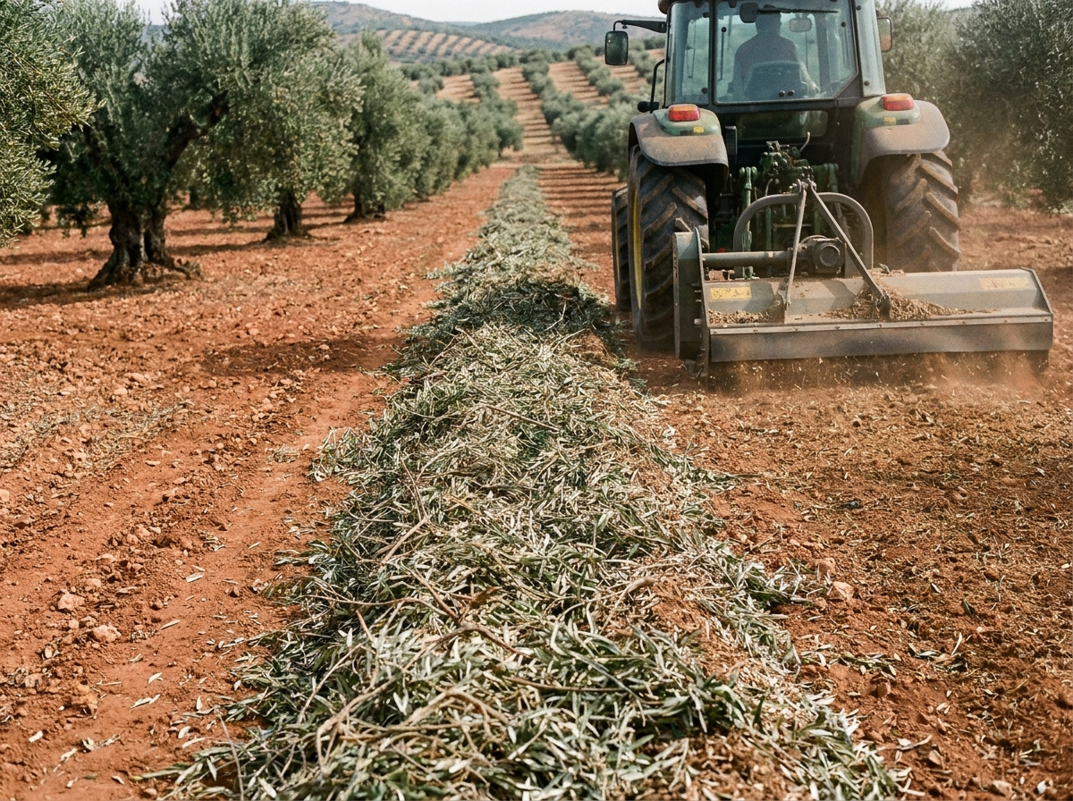 Ramón de olivo triturado en el suelo de un olivar en Jaén junto a maquinaria trituradora